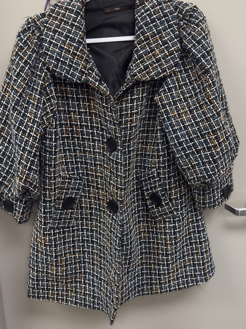 Anthropologie Azel Hazel Hazel Haze Black, White & Gold Plaid Tweed Pea Coat
